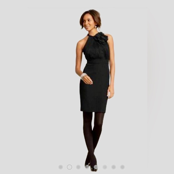 Ann Taylor Silk Halter Dress sz 2 Black Bodycon Little Lined Ruched Ruffle work - Picture 1 of 6